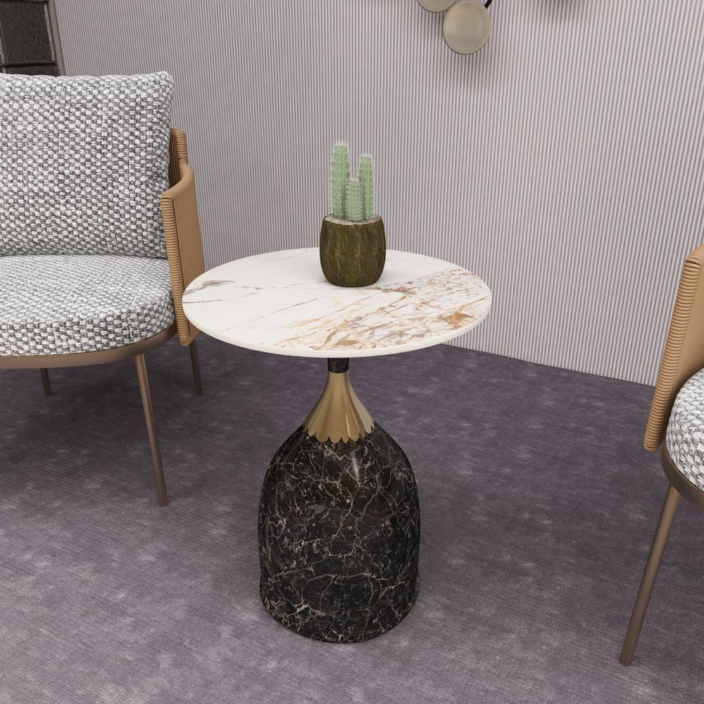 LeisureMod Side Table Round Sintered Stone Top Modern Accent Table with Stainless-Steel Base Chic End Table Oslo Series in Marbled Brown