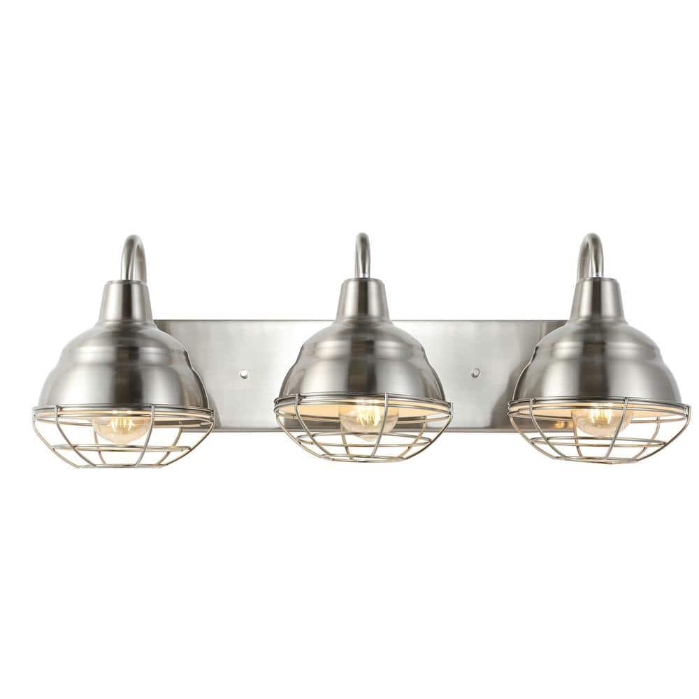 BEAUTY DEPOT 24.5" 3-Light Industrial Farmhouse Vanity Light, Nickel Finish, Led Bulbs Included, Modern Rustic Bathroom, Hallway, Living Room, Bedroom Mirror Cabinet Lighting