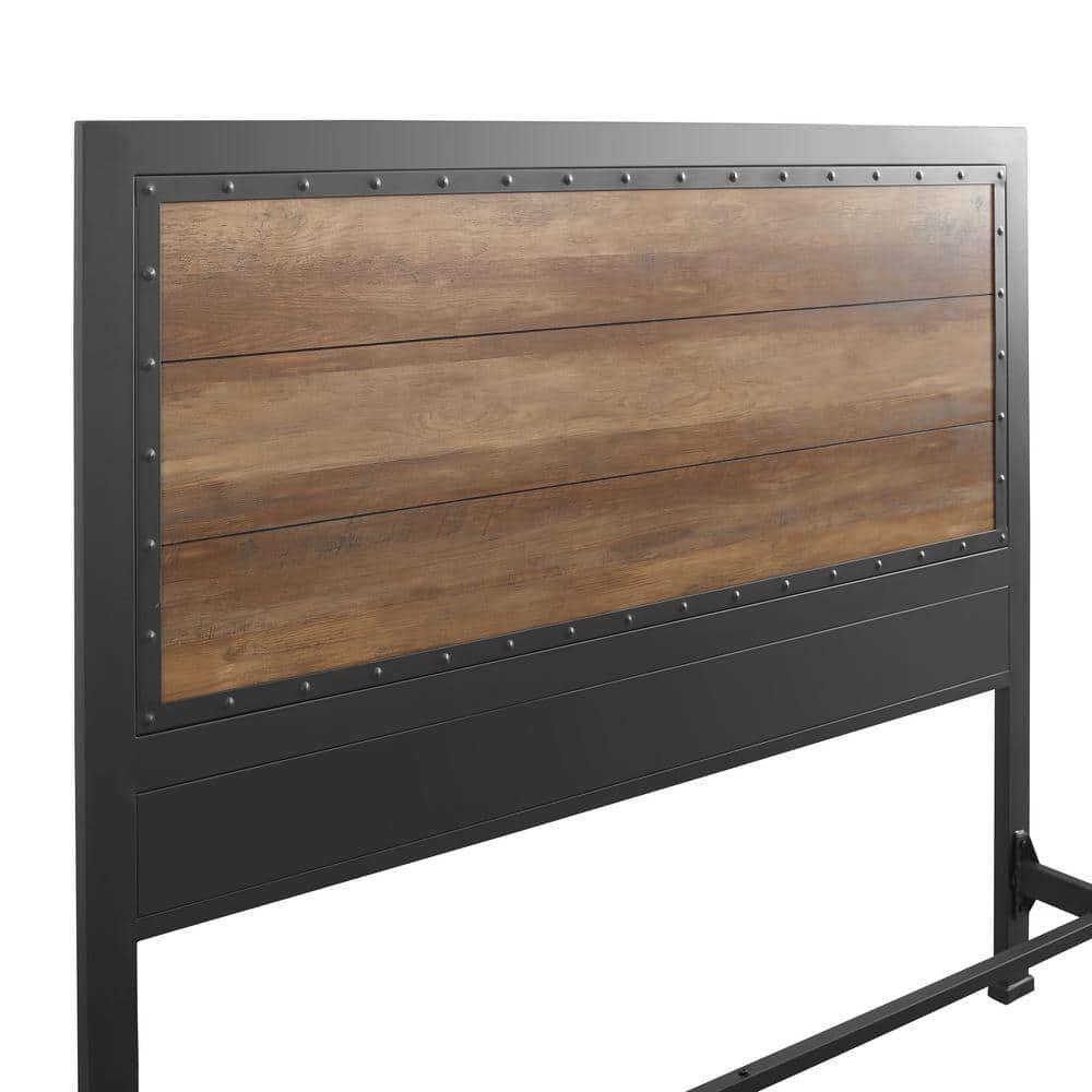 Rustic Oak Queen Bed with Metal Frame and Wood Headboard