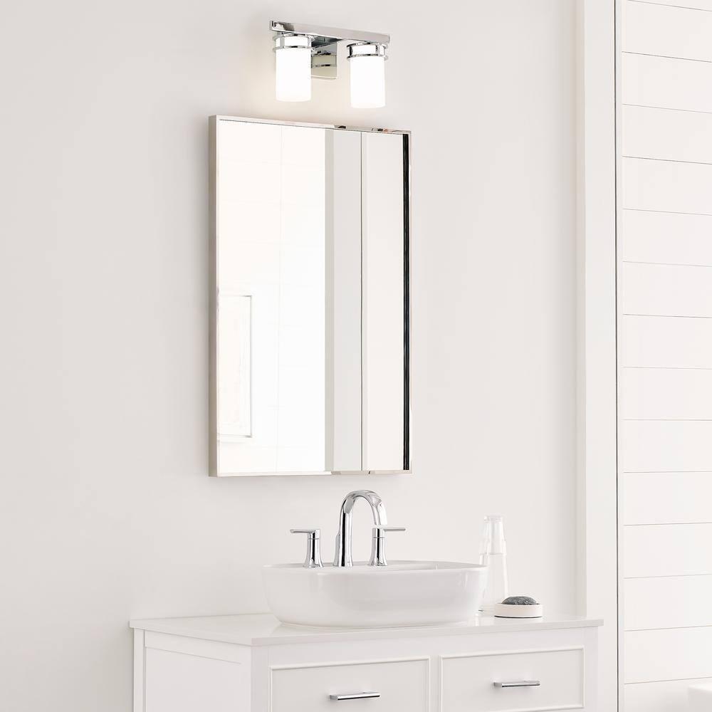 Robie 14 in. 2-Light Chrome Transitional Rustic Wall Bathroom Vanity Light with Etched White Glass Shades
