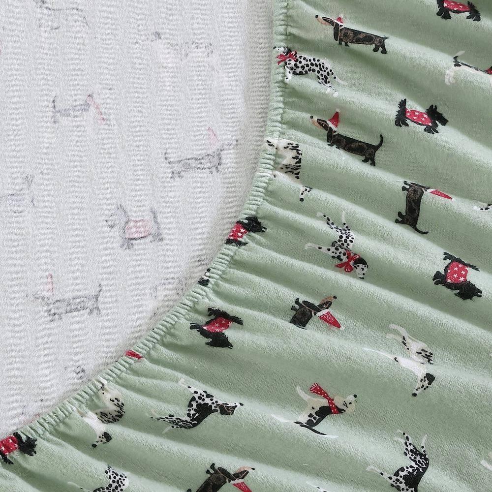 Holiday Pups Green Cotton Flannel Full Sheet Set