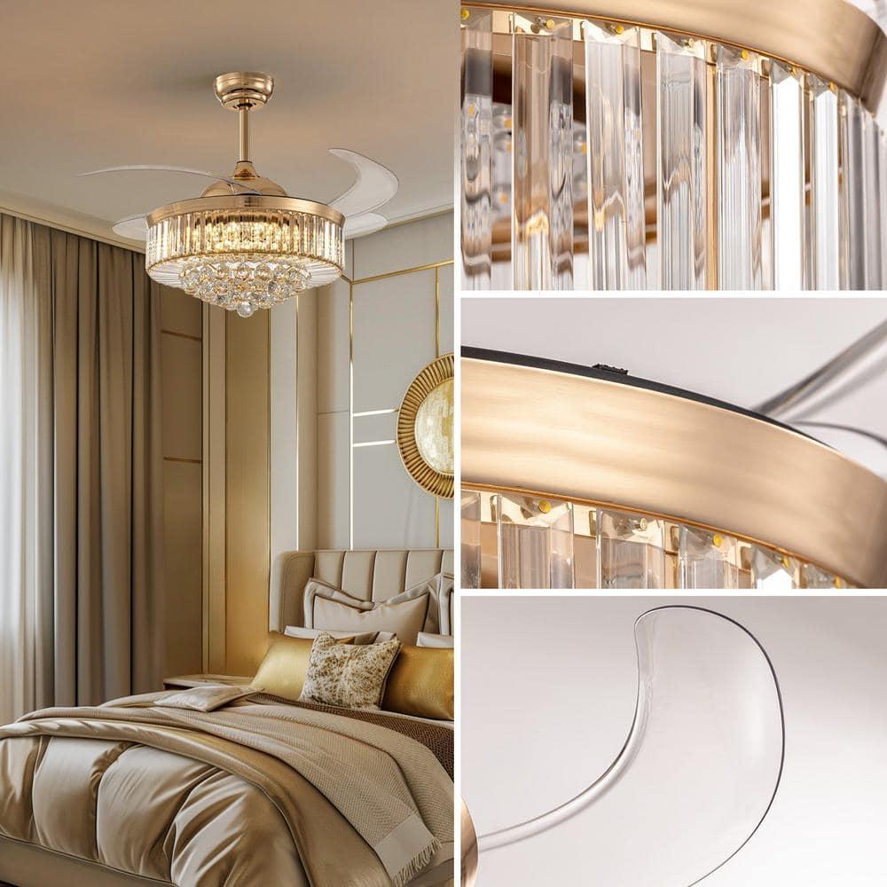 42 in. Indoor Gold Smart Retractable Crystal Ceiling Fan with Adjustable LED Light Included with Remote