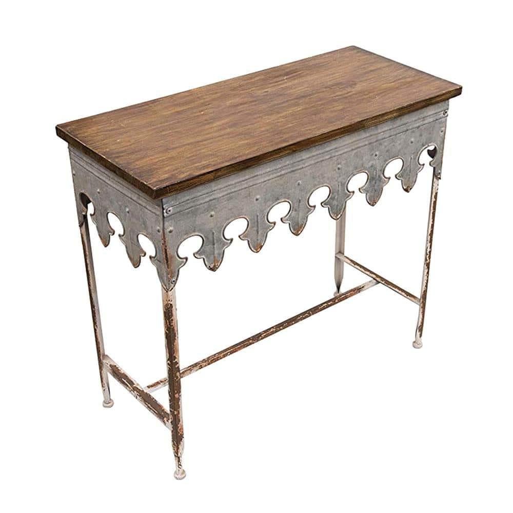 Storied Home Scalloped Sofa Table Silver: Farmhouse Zinc-Finish, Fir Wood Top, 44 lbs Capacity