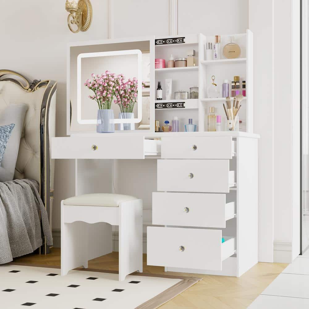 FUFU&GAGA White Makeup Vanity Table With Mirror Storage Drawer Dresser Table