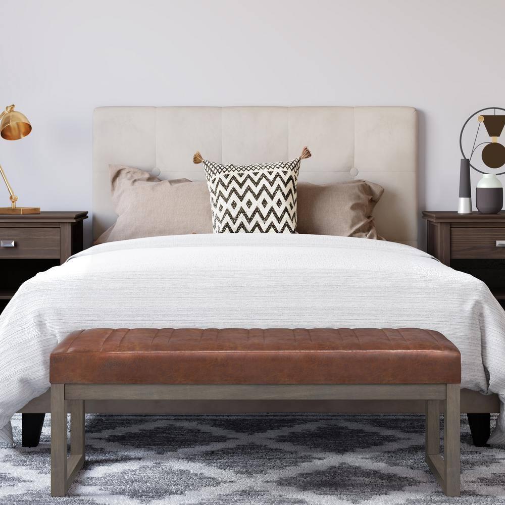 Simpli Home Casey 48"W Distressed Vegan Leather Ottoman Bench with Quilted Vertical Stitching