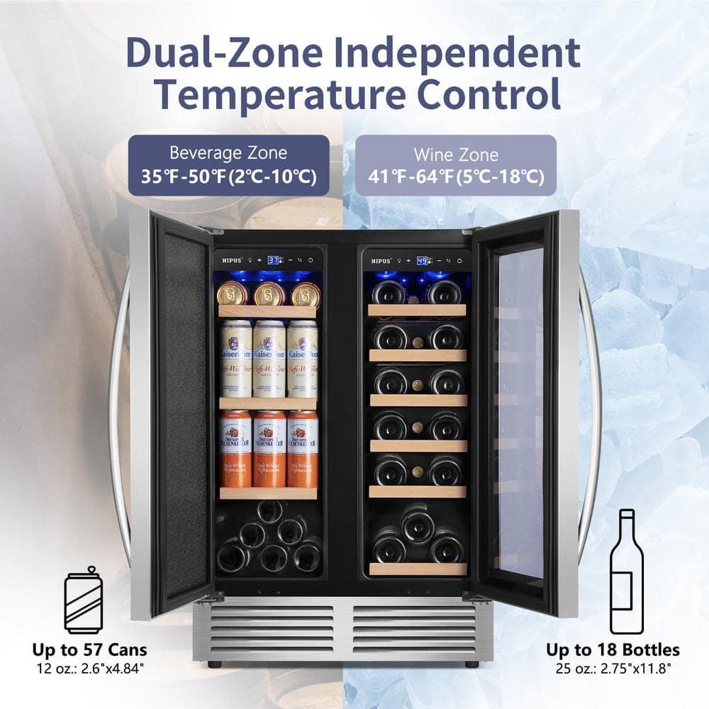 24 Inch Dual Zone 18 Bottle and 57 Can Wine & Beverage Refrigerator Built-in/Freestanding Cooler for Beer Wine Drink with Built-In Light Classic Series
