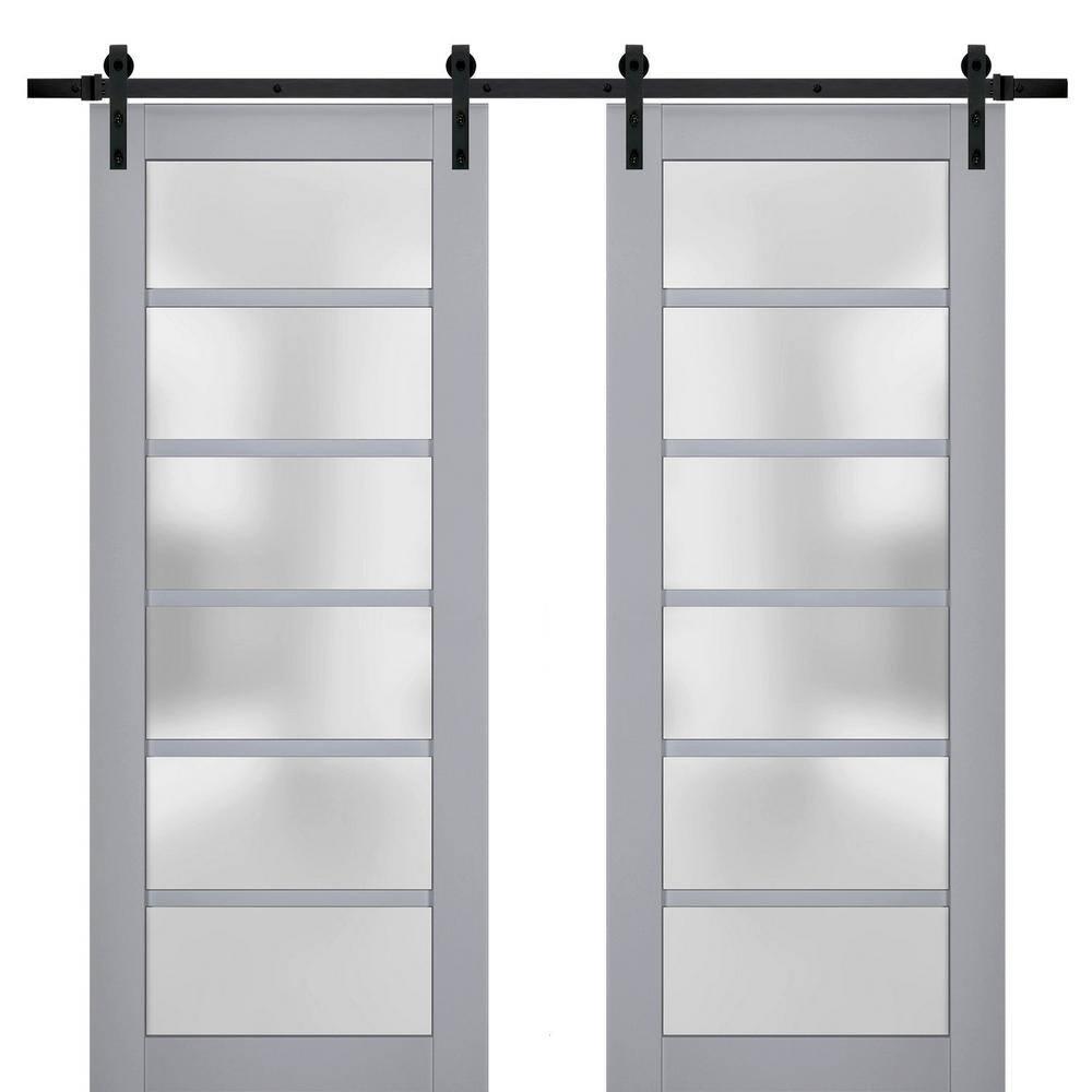 Sturdy Double Barn Door with Frosted Glass | Veregio 7602 Matte Grey | 13FT Rail Hangers Heavy Set | Solid Panel Interior Doors-64" x 84" (2* 32x84)-Black Rail
