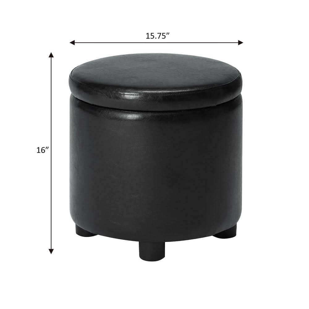 Convenience Concepts Designs4Comfort Round Accent Storage Ottoman with Reversible Tray Lid, Black Faux Leather
