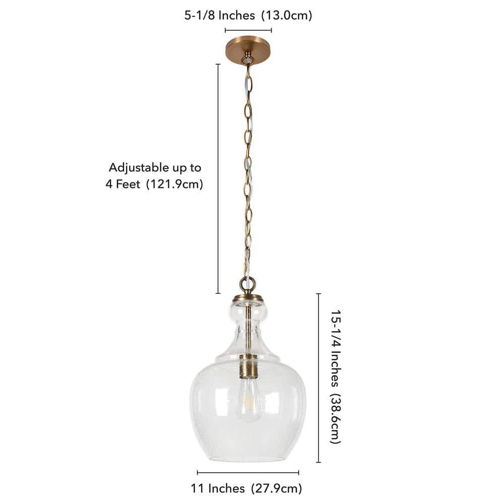 Henn&Hart 11" Wide Pendant with Glass Shade in Brass/Seeded, Pendant, Flush Mount Ceiling Light Fixture for Kitchen, Living Room