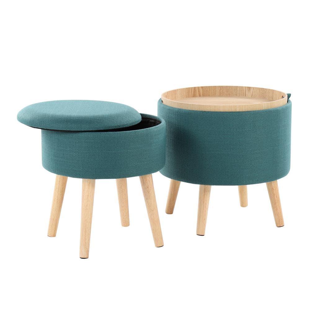 LumiSource Natural Wood, Teal Fabric Tray Storage Ottoman Set