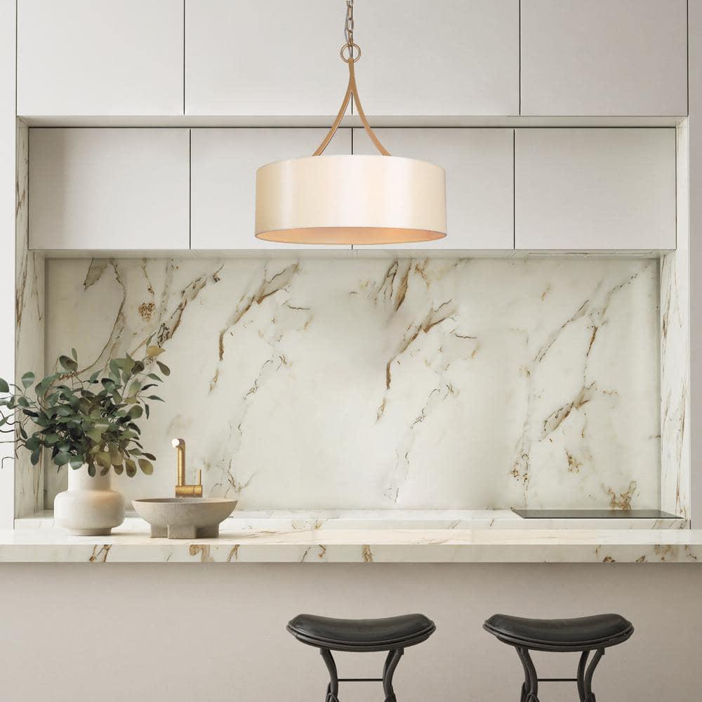 Zevni Modern 3-Light Dark Gold Farmhouse Chandelier, Classic Drum Pendant Light, Dining Room Island Pendant Hanging Light