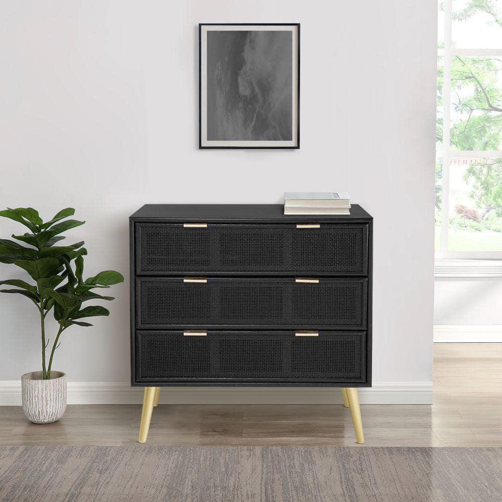 31 Inch Dresser Chest Cabinet, 3 Drawers, Woven Rattan, Modern, Black, Gold