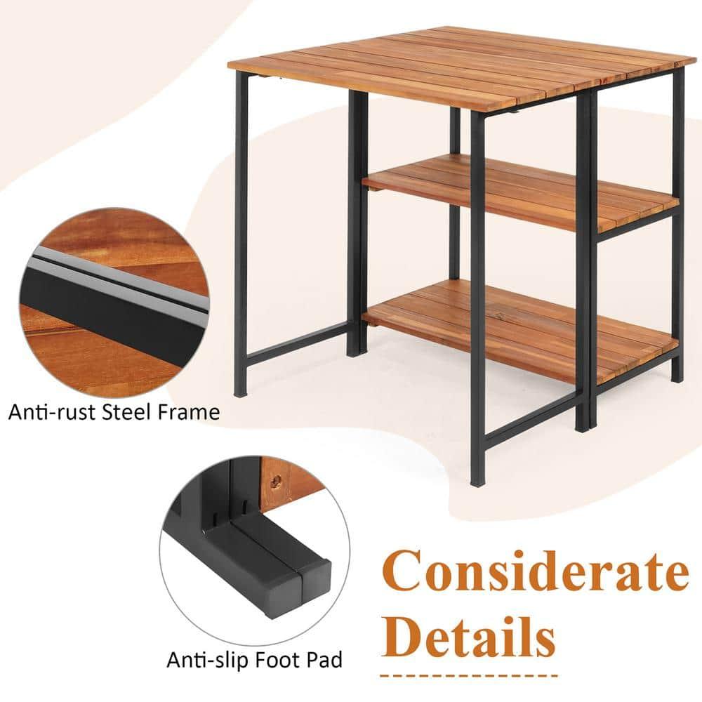 Costway Patio Acacia Wood Folding Dining Table Storage Shelves Garden Deck