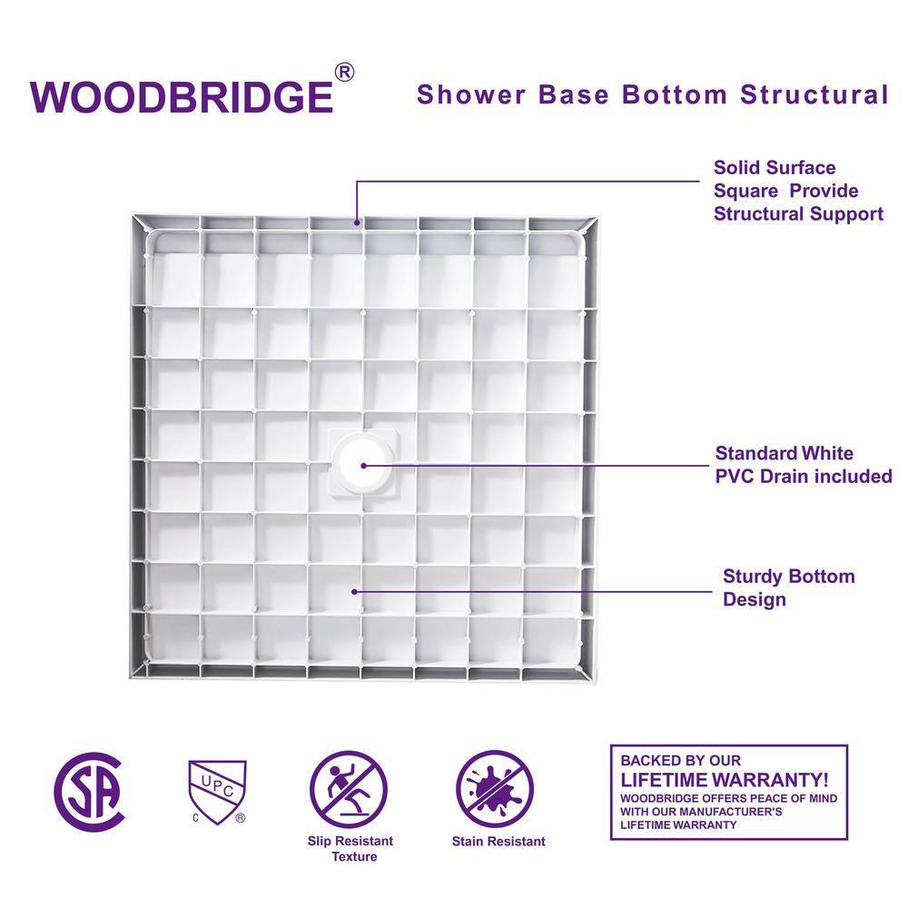 36" Solid Surface Square Single Threshold Shower Pan Base with Drain Assembly & Drain Cover Included, Non-Slip