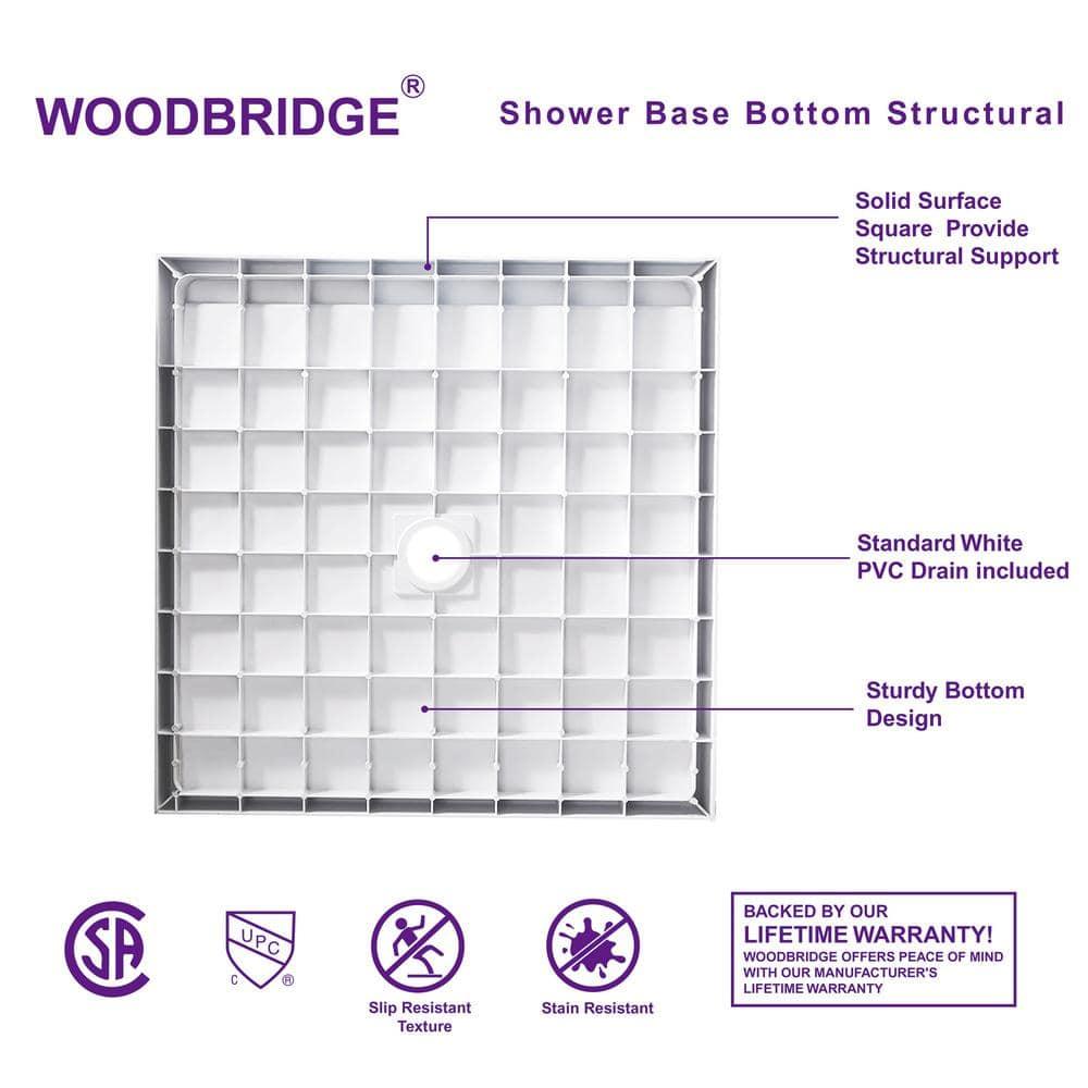 36" Solid Surface Square Single Threshold Shower Pan Base with Drain Assembly & Drain Cover Included, Non-Slip