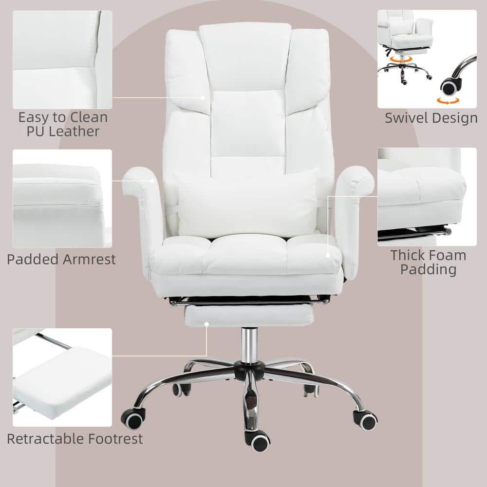 HOMCOM Executive Office Chair with Footrest and Lumbar Support, PU Leather Office Desk Chair, Ergonomic, Reclining and Swivel Chair, White