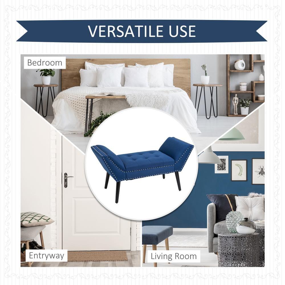 HOMCOM Modern Button Tufted Sitting Bench, Accent Fabric Upholstered Ottoman for Bedroom or Living Room, Blue