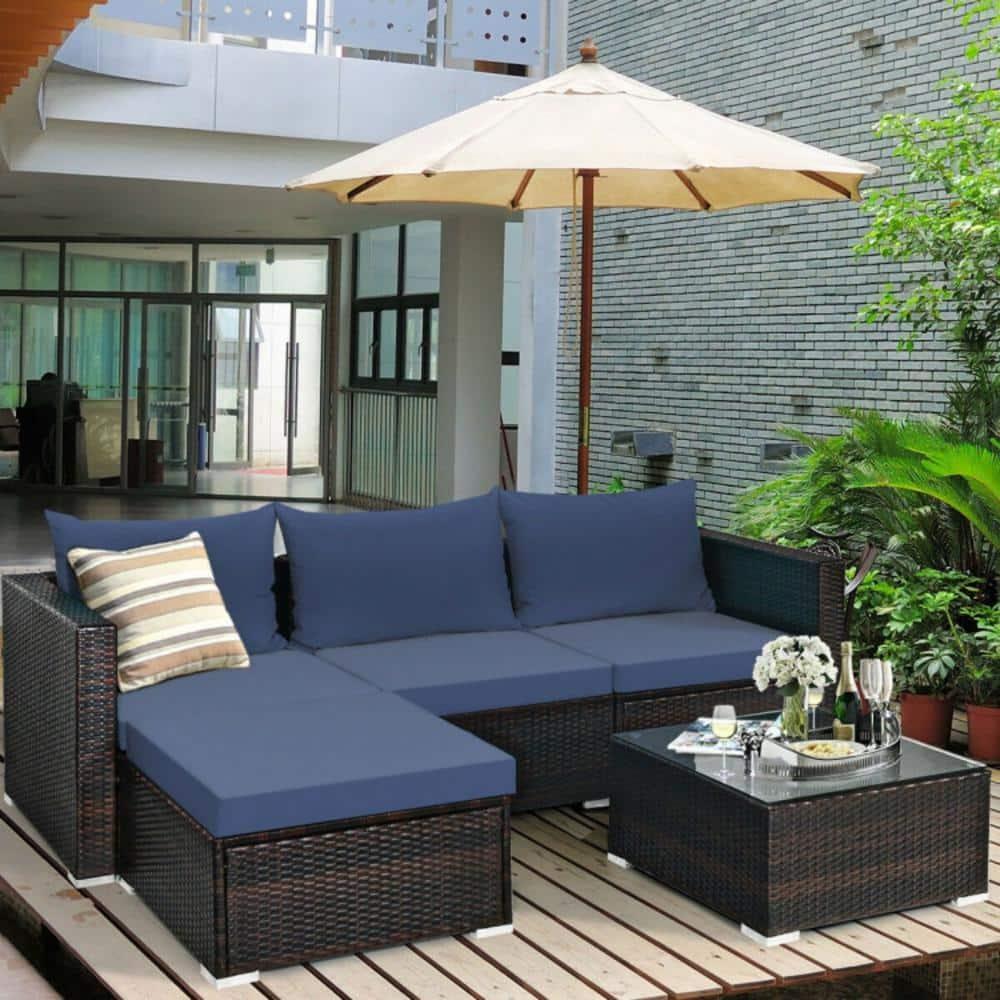 Kepooman Patio Furniture Sofa Set, Outdoor Conversation Sets, 5 Pieces Patio Rattan Sectional Furniture Set with Cushions and Coffee Table -Navy