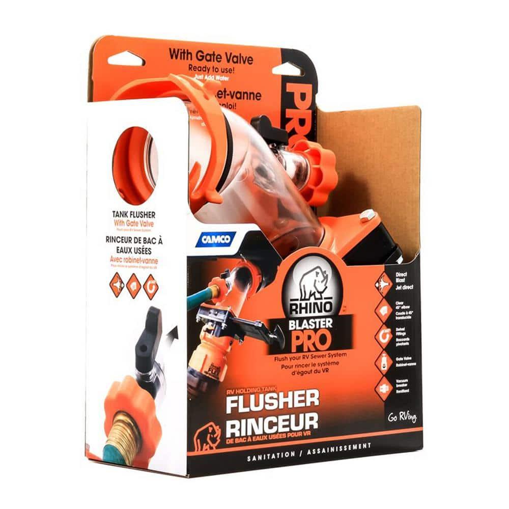Camco Rhino Blaster Pro Clear Elbow Trailer RV Holding Tank Rinser w/Gate Valve, Vacuum Breaker, & 4-Prong Bayonet Swivel Fitting for Waste Management