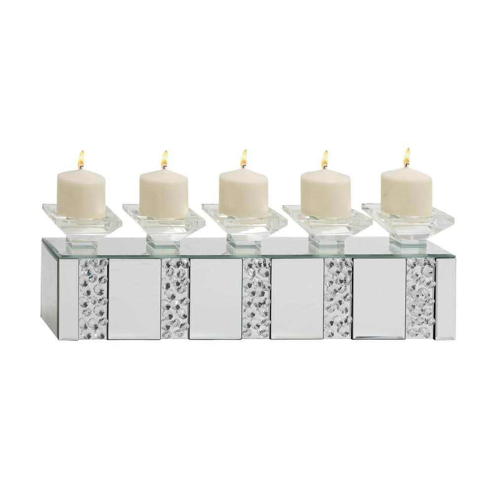 Mercer41 Glass Pillar 5 Plate Decorative Silver Candelabra with Mirrored Accents and Crystals