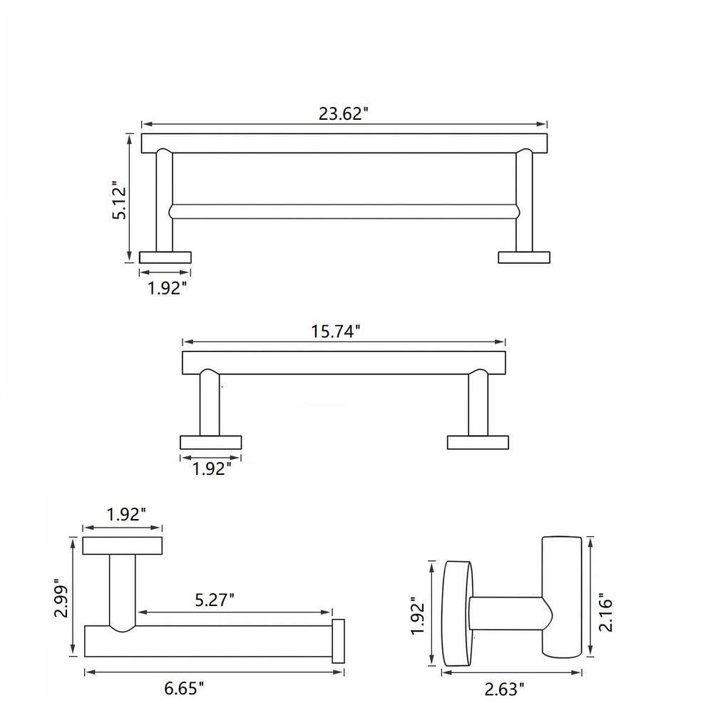 4-Piece Bathroom Accessories Set Brushed Stainless Steel Wall Mount - Includes Double Towel Bar, Hand Towel Rack, Toilet Paper Holder, Robe Hooks, BS100S4-BN