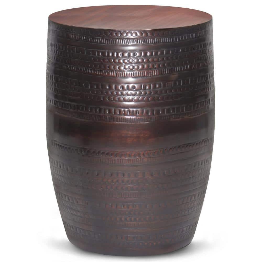 Simpli Home 15"W Metal Boho End Table with Drum Design and Textured Finish, Assembled