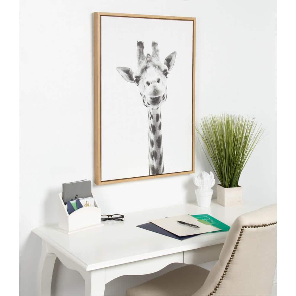 Kate and Laurel Sylvie Giraffe Animal Print Black and White Portrait Framed Canvas Wall Art by Simon Te Tai, 23x33 Natural
