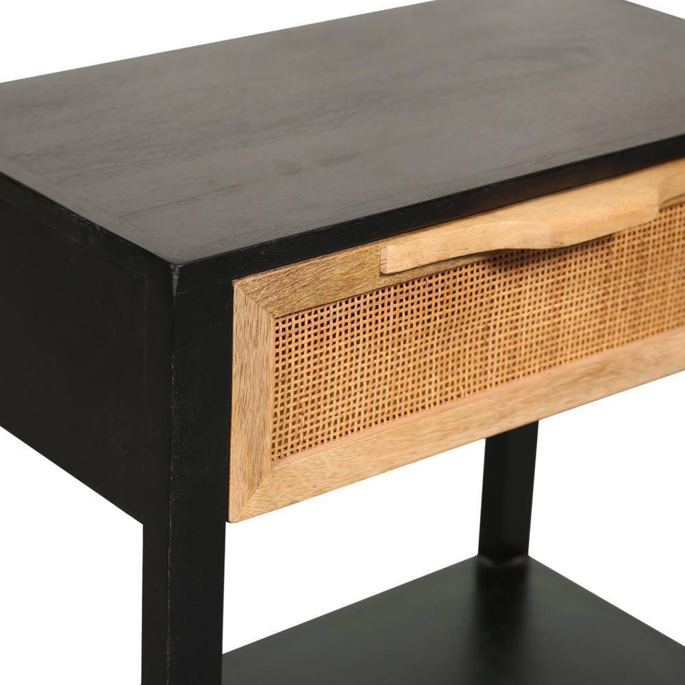 Benzara 22" Side Table with Rattan Front Drawer and Open Shelf Mango Wood Frame Black/Brown