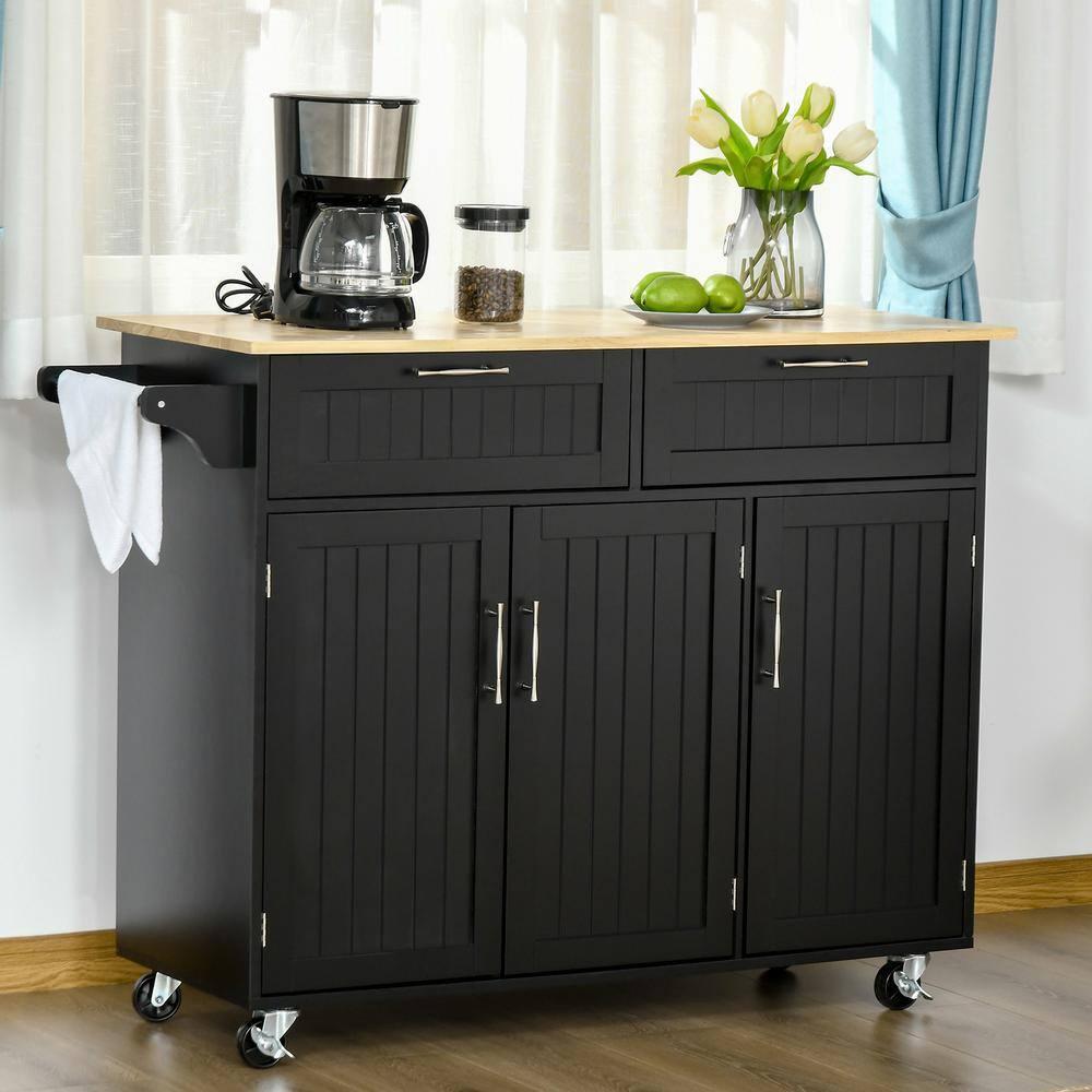 HOMCOM Modern Kitchen Island Cart on Wheels with Storage Drawers, Rolling Utility Cart with Adjustable Shelves, Cabinets and Towel Rack, Black