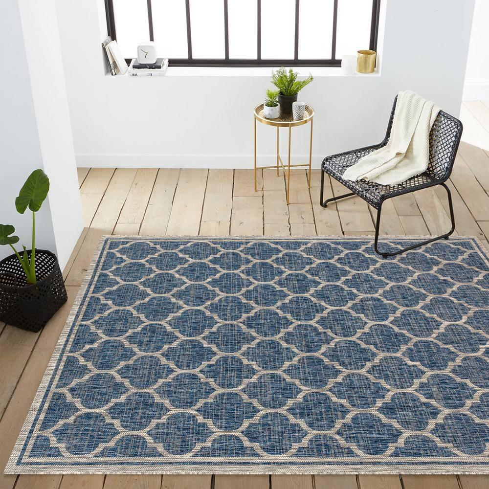 3'x5' Trebol Moroccan Trellis Textured Weave Indoor/Outdoor Area Rug, Navy/Gray - JONATHAN Y