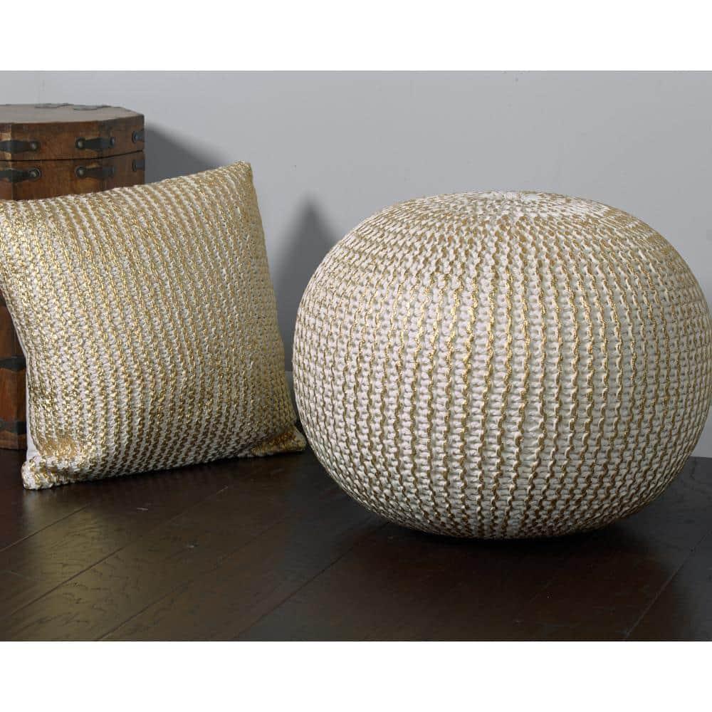 Ox Bay Caitlin Round Solid Print Hand Knitted Cotton Indoor Pouf, White