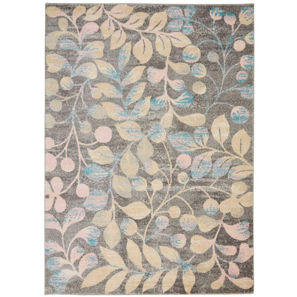 Nourison Tranquil 5'3" X 7'3" (5' x 7') Grey/Beige Area Rug Contemporary Botanical Vine and Bloom by Nourison