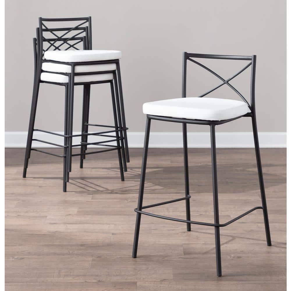 Modern Charlotte 25" Contemporary Fixed-Height Counter Stool In Black Metal And White Faux Leather - Set Of 2