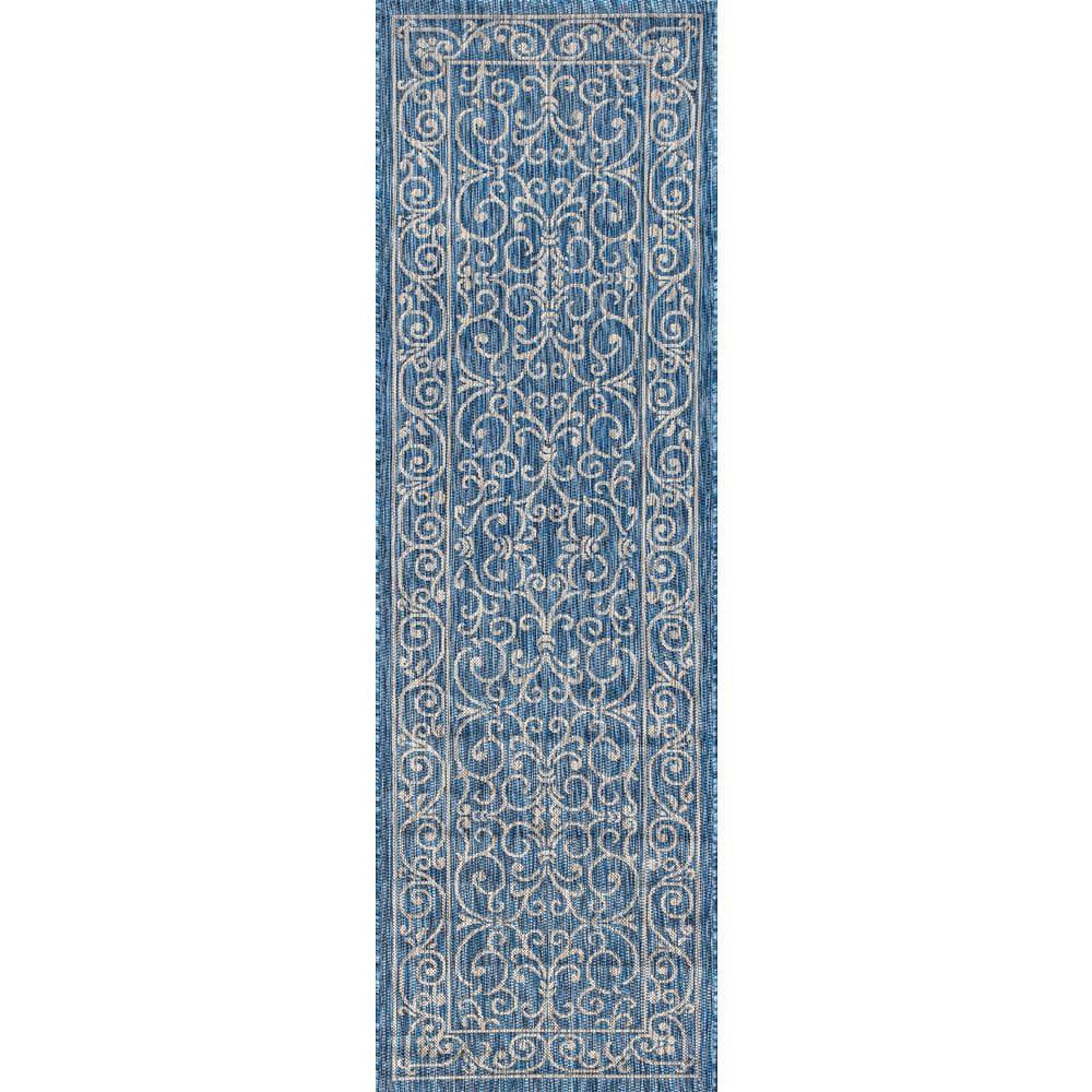 2'x8' Charleston Vintage Filigree Textured Weave Indoor/Outdoor Runner Rug, Navy/Gray - JONATHAN Y