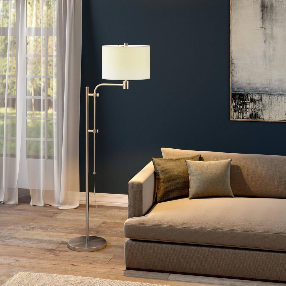 Evelyn&Zoe Polly Height-Adjustable Floor Lamp with Fabric Shade, Brushed Nickel/White