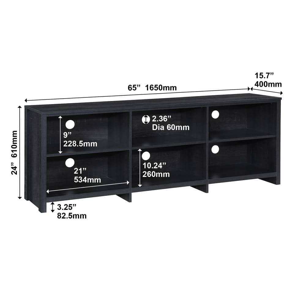 AndMakers 65 in. Modern Black Oak TV Stand For TVs Up To 62" With 6 Open Shelves, Modern Entertainment Center With Storage, TV Console Table