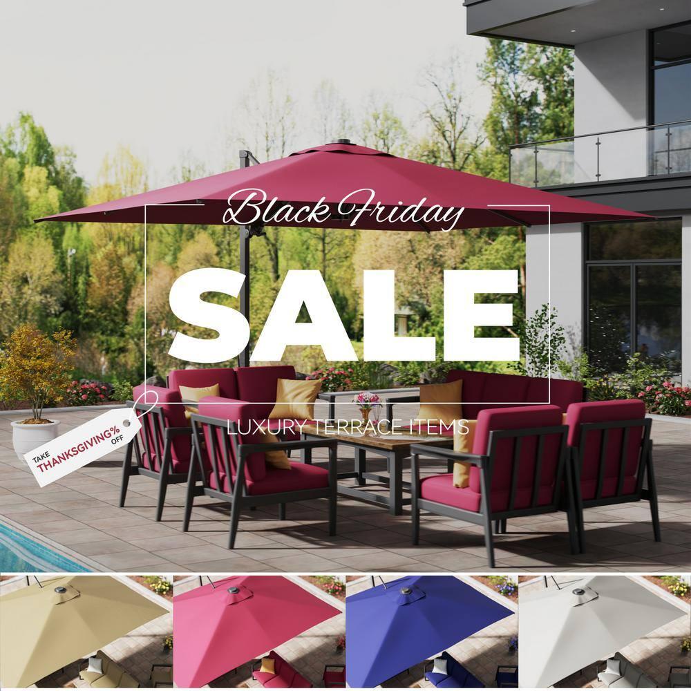 Mondawe 10x13 FT Cantilever Umbrella Large Offset Umbrella with 360°Rotation and LED Light Panel Cantilever Patio Umbrella for Backyard, Pool & Garden, Red