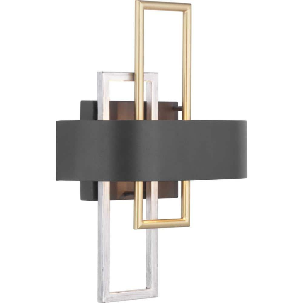 Progress Lighting Adagio 2-Light Wall Sconce, Black, Geometric Pattern, Steel, Damp Rated, Brushed Silver and Brass Accents