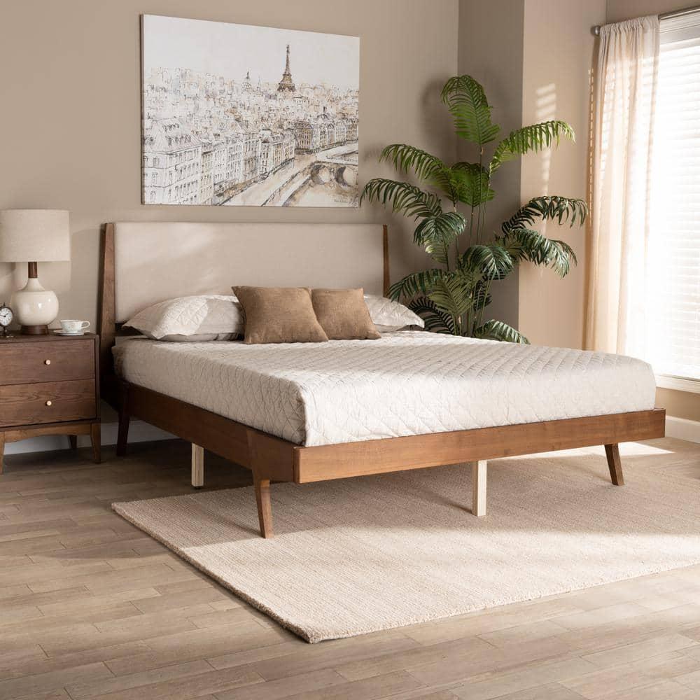 Baxton Studio Beige Fabric Upholstered and Walnut Brown Finished Wood King Size Platform Bed