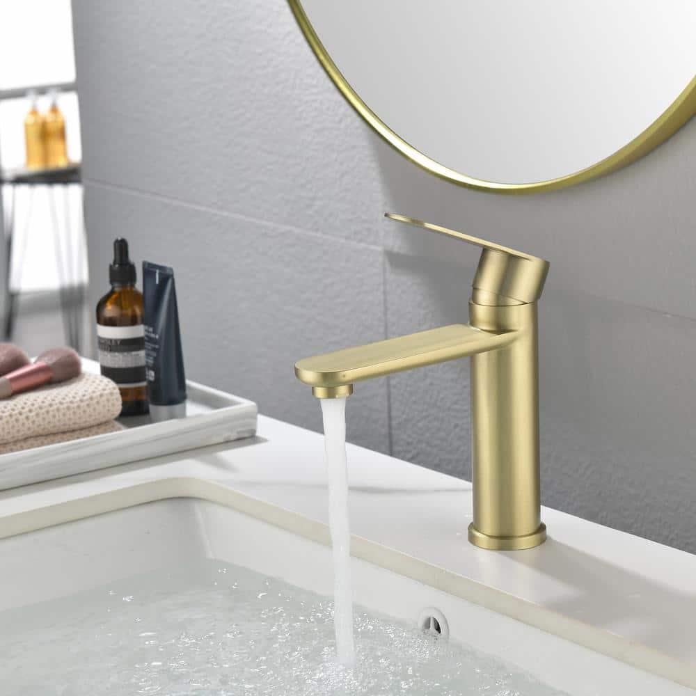 Brushed Gold Bathroom Faucet Gold Bathroom Sink Faucet Single Handle Gold Bathroom Faucet Modern Single Hole Faucet Bathroom with Pop-up Sink Drain Stopper & Deck Plate 1 or 3 Hole Bathroom Faucet