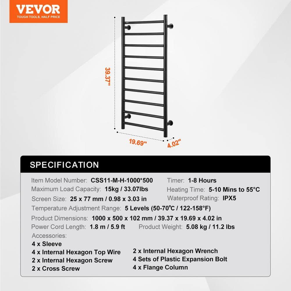 VEVOR 10-Bar Wall-Mounted Heated Towel Warmer Rack, Black, Adjustable Temperature
