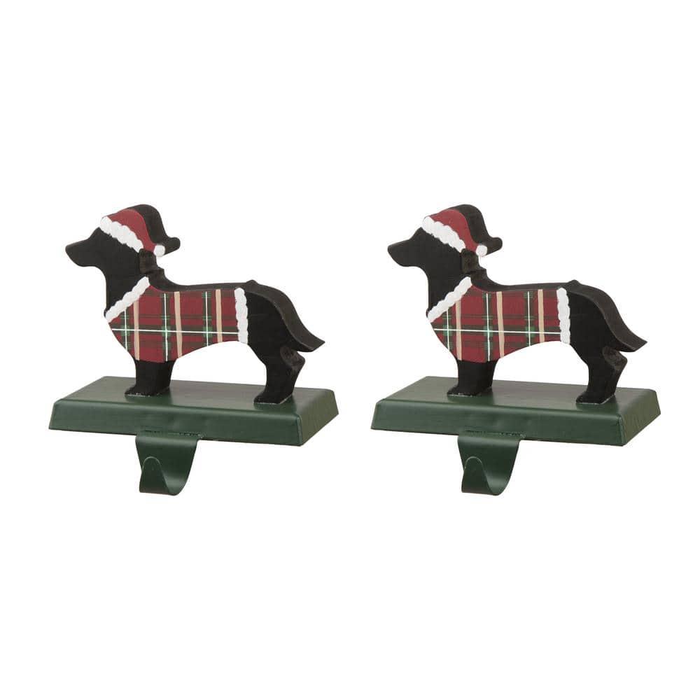 Plaid Dachshund Wooden and Metal Christmas Stocking Holders, Set of 2