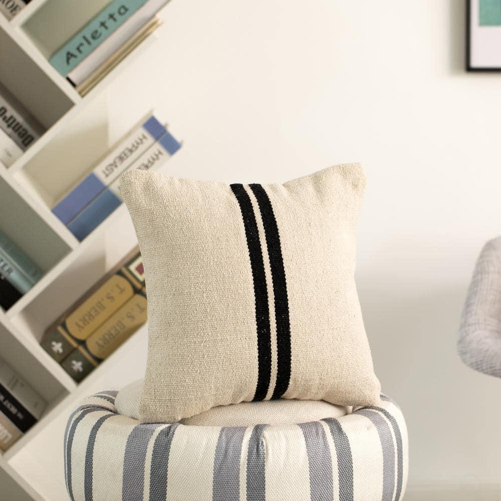 DEERLUX 16" Handwoven Cotton Throw Pillow Cover with Two Center Black Stripes with Filler, Natural