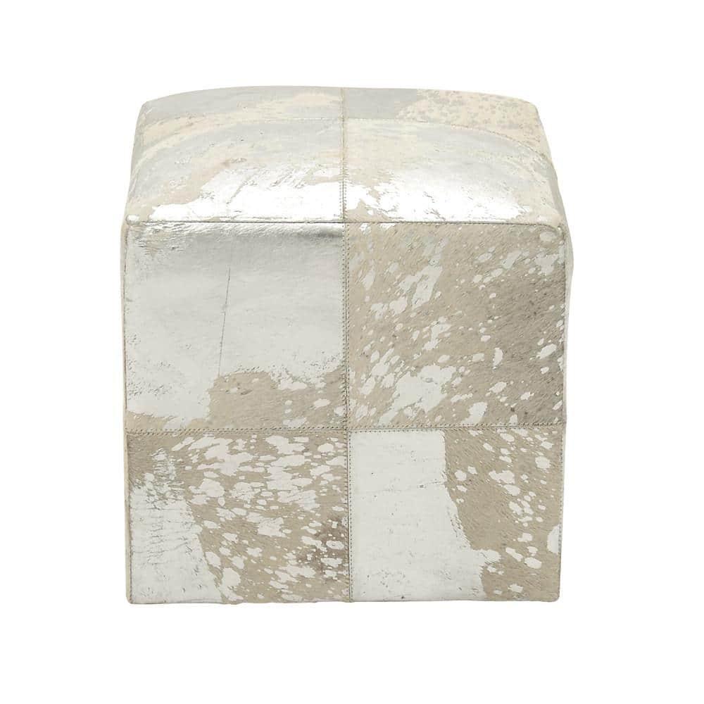 DecMode 16" x 17" White Leather Handmade Stool with Silver Foil Paint, 1-Piece