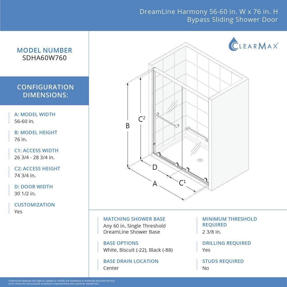 DreamLine Harmony 56 - 60 in. W x 58 in. H Semi-Frameless Tub Door with ClearMax™ Technology SDHA60W760VXX06
