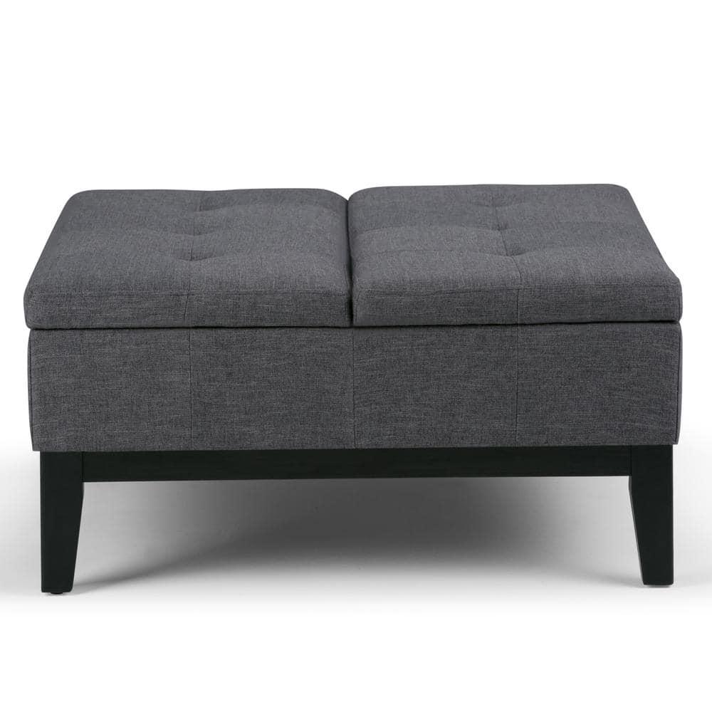 Simpli Home Dover 36"W Upholstered Square Coffee Table Storage Ottoman with Split Tufted Lift Top