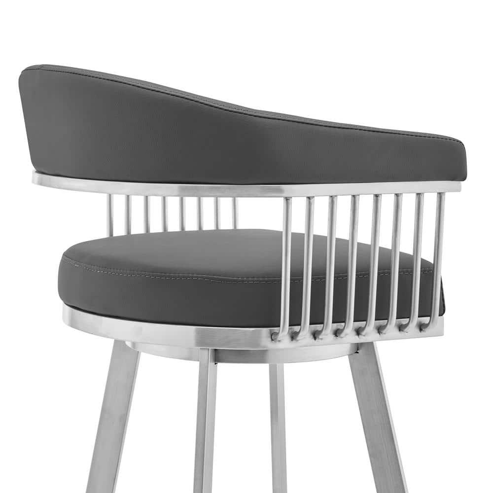 Armen Living Indoor Bronson 29" Gray Faux Leather and Brushed Stainless Steel Swivel Bar Stool