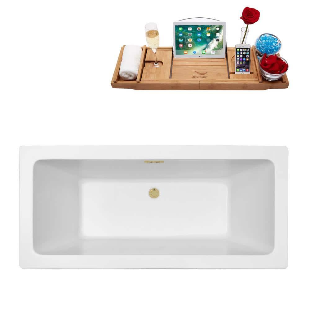 60" Streamline N320BBR Soaking Freestanding Tub and Tray With Internal Drain in Brushed Brass