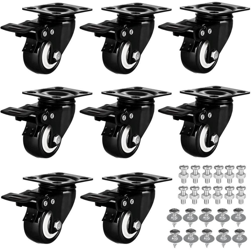 2" Casters Set of 8 Heavy-Duty Industrial Caster Wheels with Brake PU Wheels Double Locking and Double Ball Bearing Swivel Locking Casters Noiseless for Workbench, Furniture, Plate Castors Grey