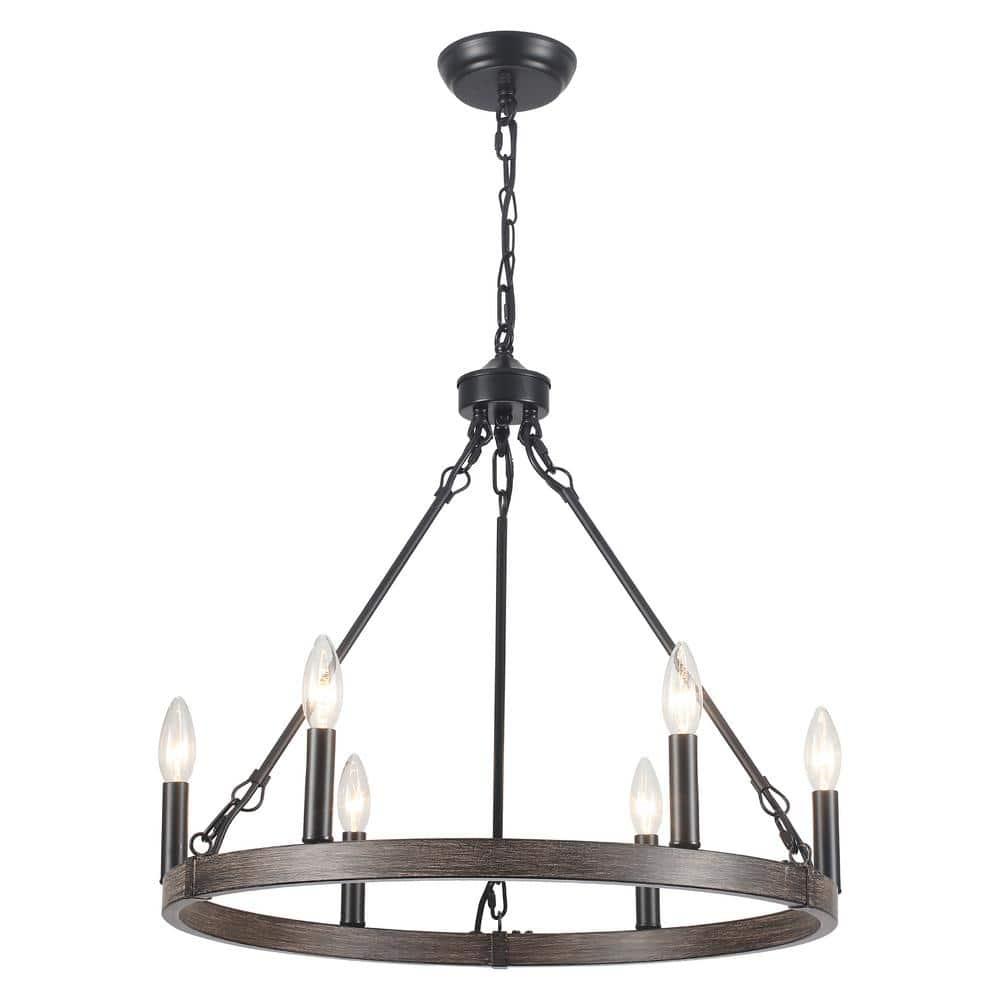 22.04 in. 6-Light Black Rustic Farmhouse Chandelier, Wagon Wheel Chandelier for Dining Room Living Room Bedroom Kitchen Black